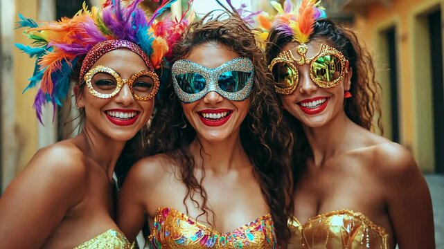 Brazilian carnival women wearing colorful feather mask smiling at street party