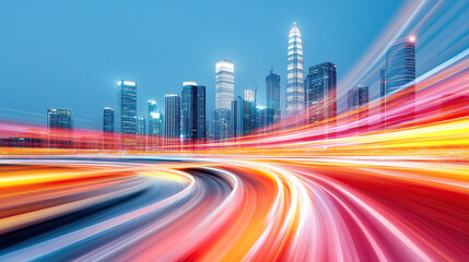 Fototapeta premium Vibrant cityscape at night: long exposure shot of skyscrapers and light trails.