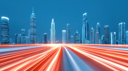 Fototapeta premium Vibrant cityscape at night: long exposure shot of skyscrapers and light trails.