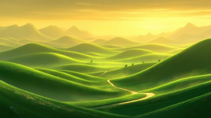 Obraz premium Serene, rolling hills landscape bathed in golden sunlight.