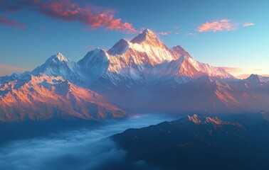 Majestic Snow-Capped Mountains Under a Vibrant Sunset Sky with Dramatic Clouds and Reflections in the Valley Below Creating a Breathtaking Landscape Scene