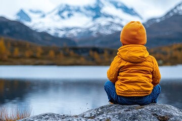 A child wearing a bright orange coat sits on a stone by a calm mountain lake, captivated by the breathtaking view of snow-capped peaks and peaceful autumn reflections.