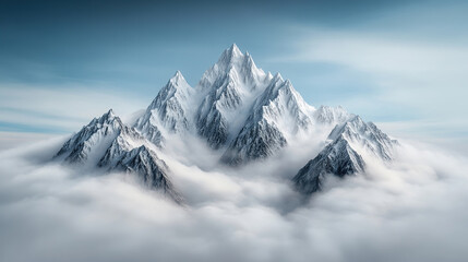 Obraz premium Majestic snow-capped mountain range with cloud swirls and green valleys, a high-altitude drone shot of a mountain range with cloud formations swirling around the peaks.