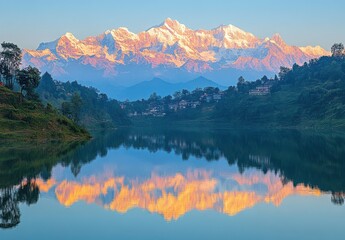 Fototapeta premium Majestic Sunrise Over Serene Lake Reflecting Snow-Capped Mountains and Lush Greenery in Peaceful Himalayan Landscape