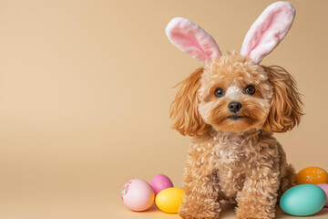 brown maltipoo dog wearing easter bunny costume on a solid beige studio background with easter eggs . bright sunny image , greeting card with copy space