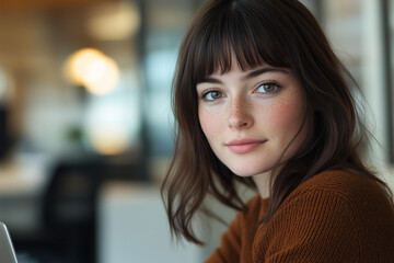 Close-up portrait of a beautiful young woman with bangs brown hair and freckles using , wearing chocolate brown jumper , using a laptop in a modern office, looking at the camera.  