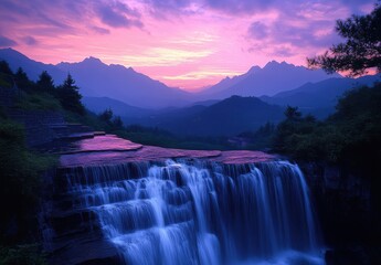 Fototapeta premium Majestic Waterfall Cascading Down Rocky Steps Under a Colorful Sunset with Lush Vegetation and Serene Mountain Range in the Background