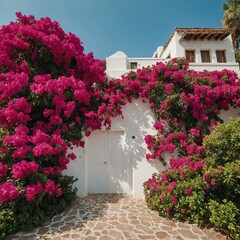 A climbing wall of colorful bougainvillea surrounding a white villa.