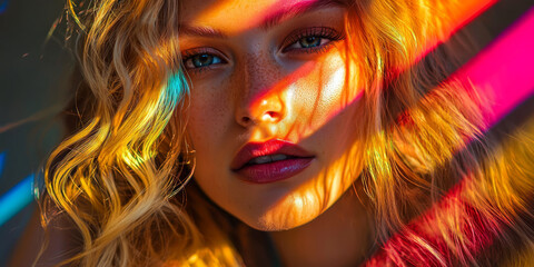 Fototapeta premium A portrait of an attractive blonde woman with colorful light rays on her face, generative AI