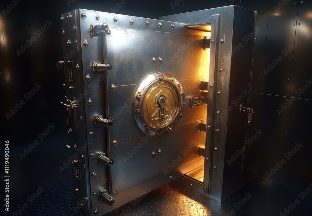 Poster metal bank vault with open door illuminated by warm light, showcasing intricate lock mechanism and r