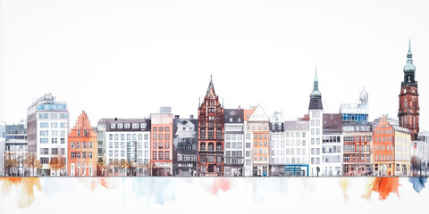 Fototapeta premium A vibrant artistic illustration of a European city skyline, showcasing historic and modern architecture, featuring vivid colors and detailed design on a white background.
