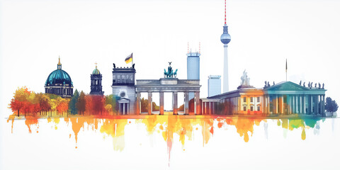 Obraz premium An elegant digital illustration of Berlin's skyline featuring the Brandenburg Gate and the Berlin TV Tower, adorned with a splash of vibrant colors and detailed architectural elements.
