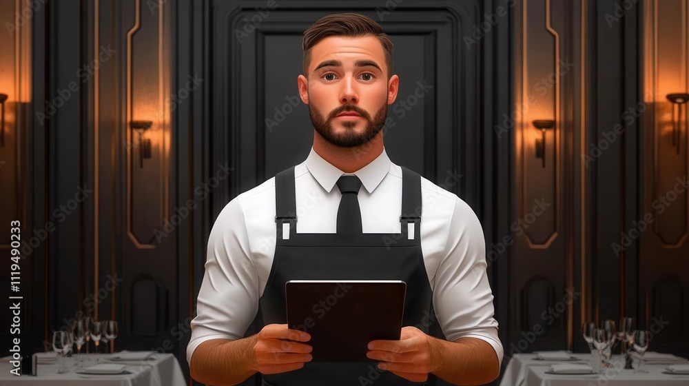 Poster a waiter holding a tablet for taking orders, standing in an elegant restaurant with neatly arranged 