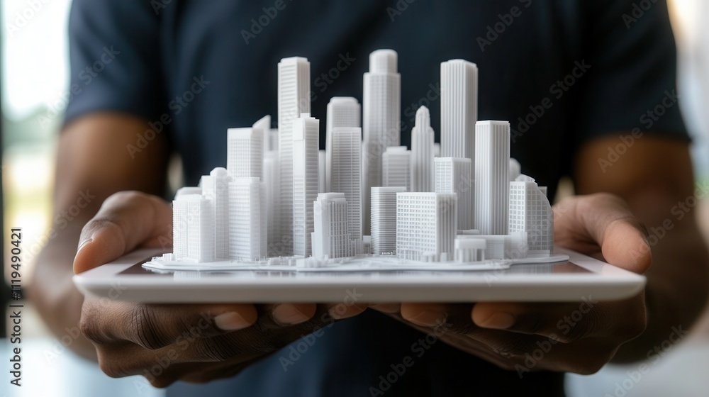 Poster an architect holding a tablet with building blueprints displayed, standing in front of a futuristic 