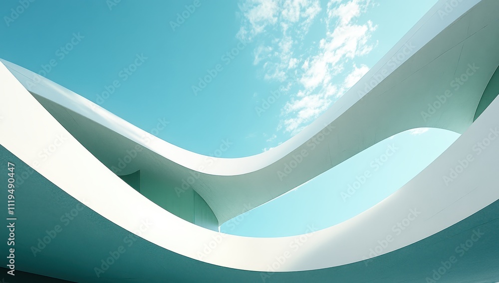 Poster modern architectural design featuring curved white structures under a clear blue sky with soft cloud