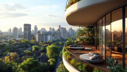 Fototapeta premium Modern Balcony with Stunning City View: Architectural Design Featuring Greenery and Spacious Outdoor Living, Perfect for Urban Lifestyle and Relaxation