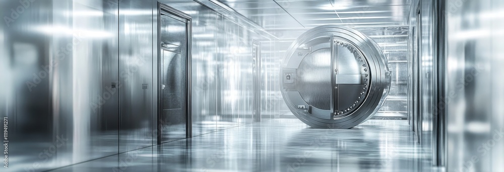 Poster modern safe design inside a high-tech security vault with bright lighting and smooth reflective surf