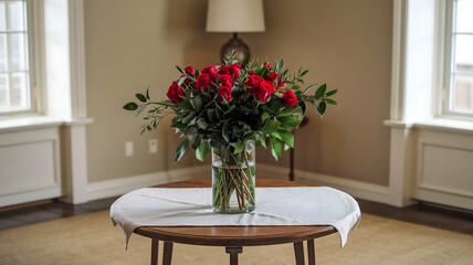 A photo of a flower vase. The vase contains a bouquet of red roses and greenery. The table has a white tablecloth