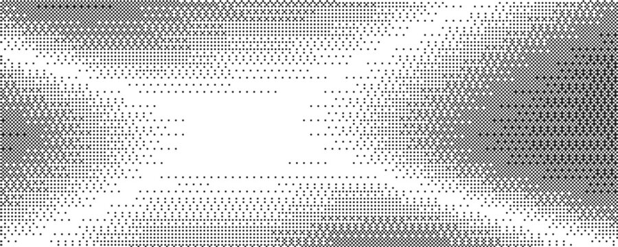 Bitmap pattern with pixel texture. Dotted gradient. Retro vector gradation of computer game bg. Abstract geometric halftone effect. Digital speckle dither wallpaper
