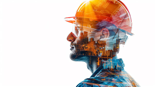 Close Up Double Exposure Side View of a Worker Wearing Helmet on White Background