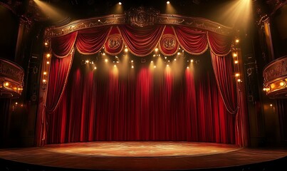 A dramatic theatrical stage with red curtains, spotlight shining on the performance area, Generative Ai