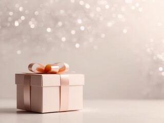 A delicate pink gift box with a soft ribbon tied in a bow on top, placed against a blurred background featuring warm golden bokeh lights. The ambiance exudes elegance, festivity, and a celebratory moo