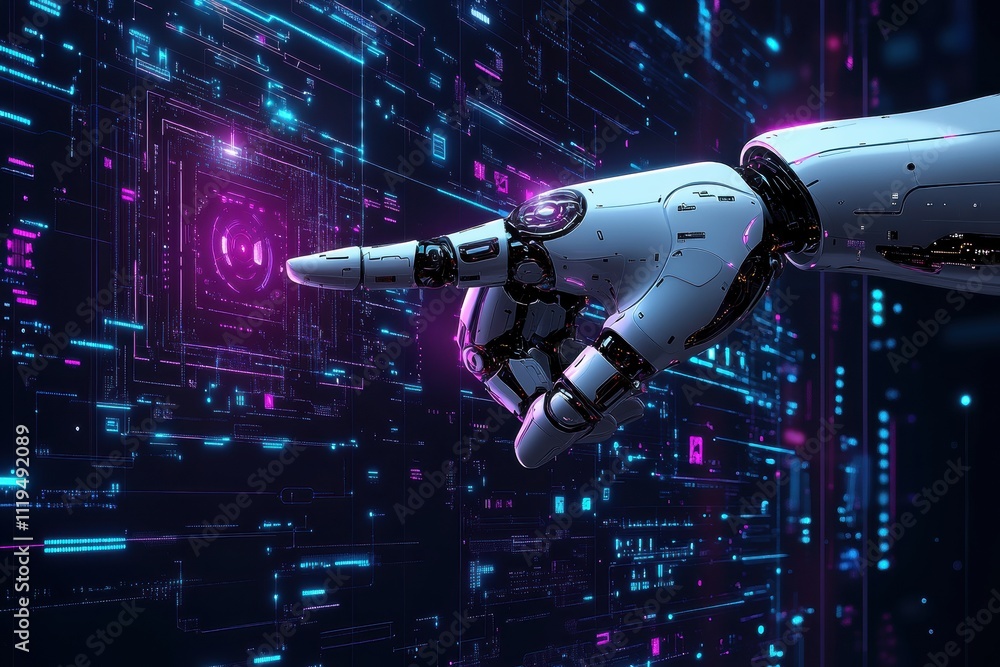 Poster futuristic ai robot hand interacting with virtual interface