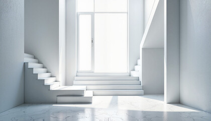 White steps in minimalist room with white walls, bright light from window