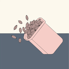 Illustration of cardamom pods spilling from a small wooden container. Perfect for culinary, organic, and spice-related themes in vector design for creative projects.

