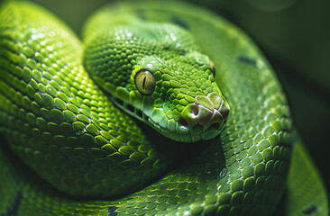 Fototapeta premium Wooden green snake with vibrant scales, symbolizing the Chinese New Year 2025.