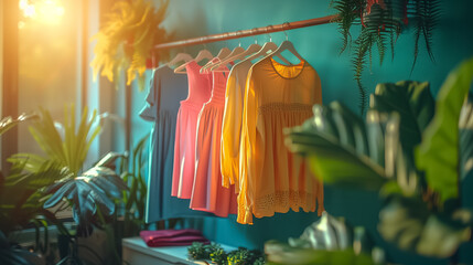 Colorful Clothing on Wooden Hangers in a Retail Store