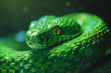 Fototapeta premium Wooden green snake with vibrant scales, symbolizing the Chinese New Year 2025.