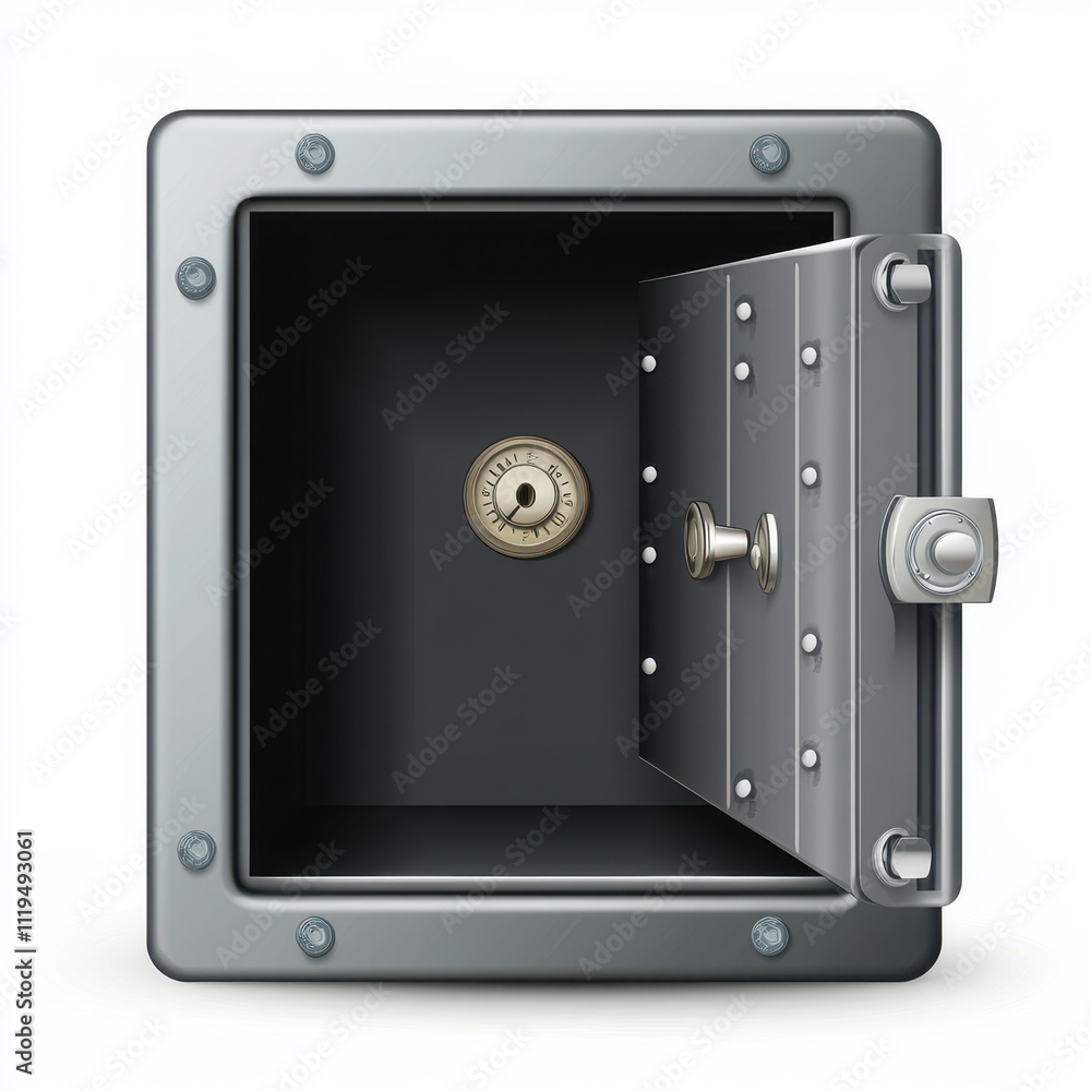 Poster realistic illustration of an open metal safe with combination lock and interior view showing empty s