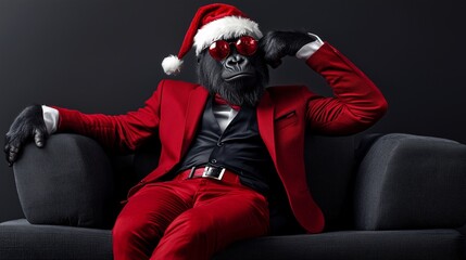 Relaxed gorilla in a red tuxedo and Santa hat, lounging on a black sofa against a dark background. Perfect for fun holiday themes