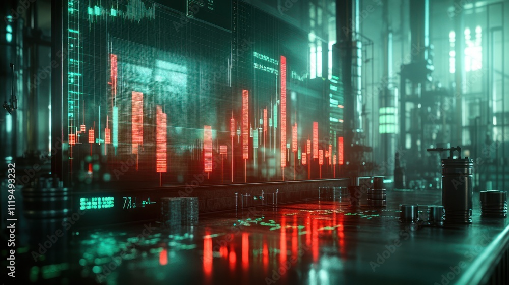 Poster a futuristic data visualization display with fluctuating graphs and industrial elements.