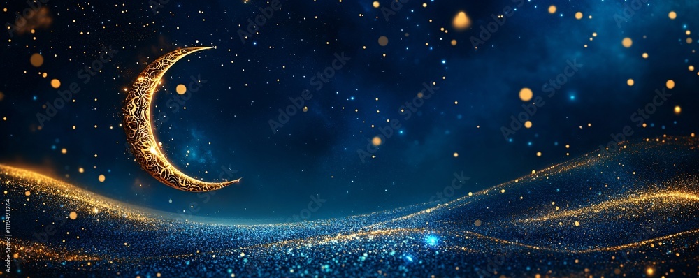 Poster refined eid background with deep blue and shimmering gold, adorned with intricate patterns and a glo