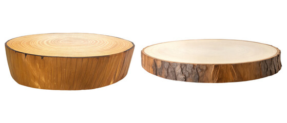 Two round wooden cutting boards isolated with transparent background