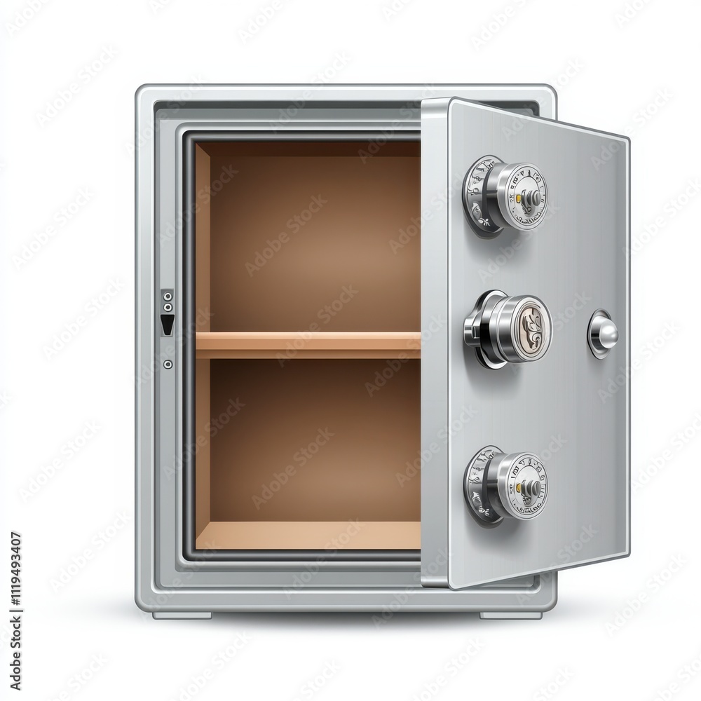 Poster safe with open door, empty interior, and reflective surface for security and storage concepts in mod