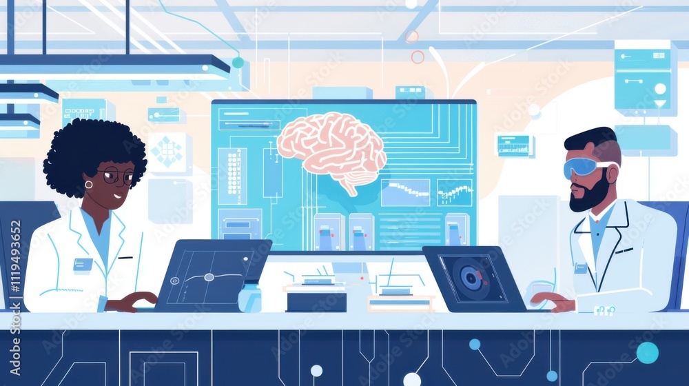 Poster african american admin and colleague doing maintenance on artificial intelligence neural networks si