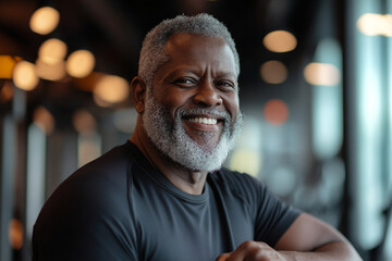 Fototapeta premium Senior happy black man confidently smiles in a modern gym, showcasing strength and resilience