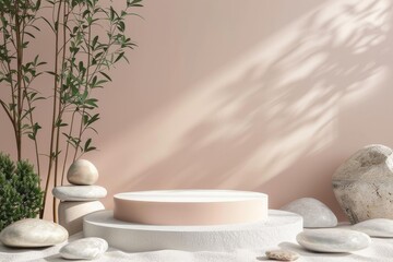 A clean podium on a pastel background with plant branches, leaves, pebbles and natural stones