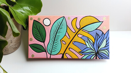 Colorful artistic greeting card featuring tropical leaves and flowers