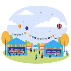 Fototapeta premium Outdoor market on a summer day with stalls, vendors, and customers. Wooden kiosks offer eco-friendly products, creating a vibrant street fair atmosphere. Cartoon vector illustration.