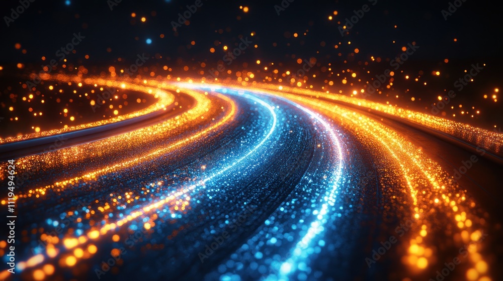 Poster glowing trails of light curve and swirl in a dark space, with orange and blue particles.
