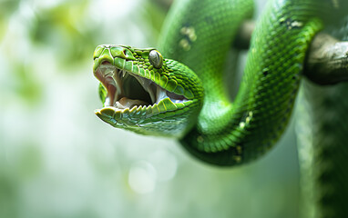 Fototapeta premium Wooden green snake with vibrant scales, symbolizing the Chinese New Year 2025.
