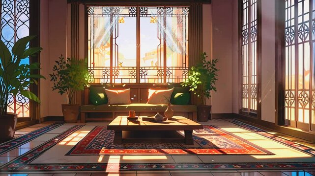 Cartoon anime cozy living room interior with a middle-eastern style.seamless looping 4k time-lapse video background