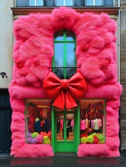 A futuristic clothing store made of red fur stands on the streets of Paris, designed, made with pink fur. The facade is decorated with big red bow. Green door.