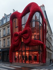A futuristic clothing store designed, made with glass and pink fur. The facade is decorated with big red bow.