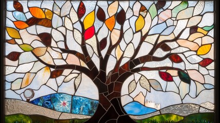 A majestic stained glass window depicting a vibrant tree of life standing on lush green grass