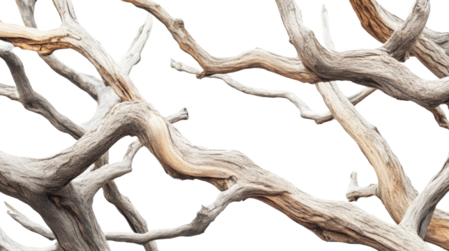 Intertwined dry tree branches against transparent background, nature abstract concept